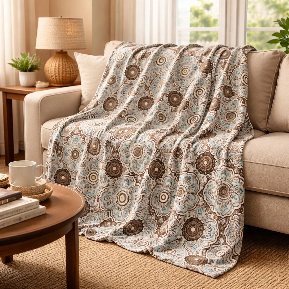 Northpoint Plush Fleece Throw Blanket Gray Aqua Medallion 72in
